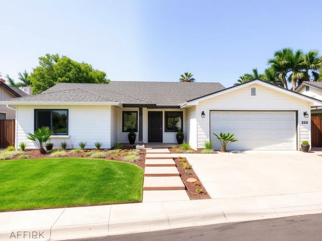 After renovation: modern white ranch home with fresh landscaping and a new driveway