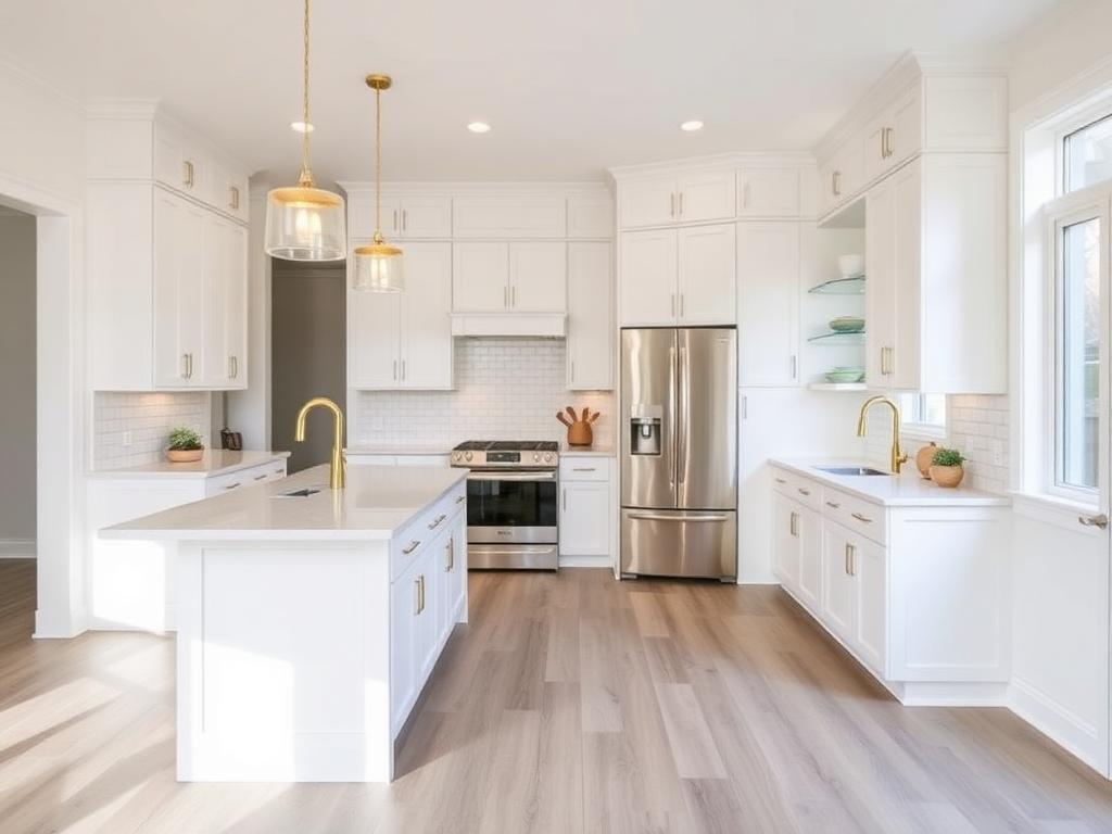 After renovation: bright white shaker kitchen with quartz island and gold fixtures
