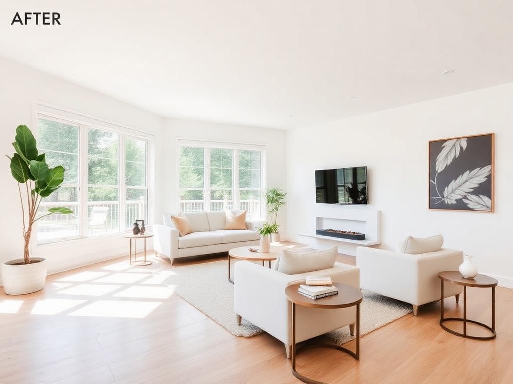 After renovation: bright open living room with light wood floors and staged furniture